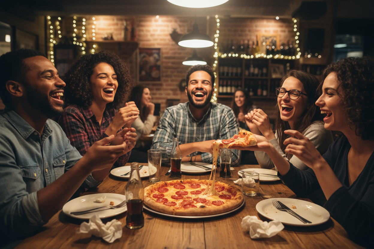 Friends sharing pizza in a cozy pizzeria