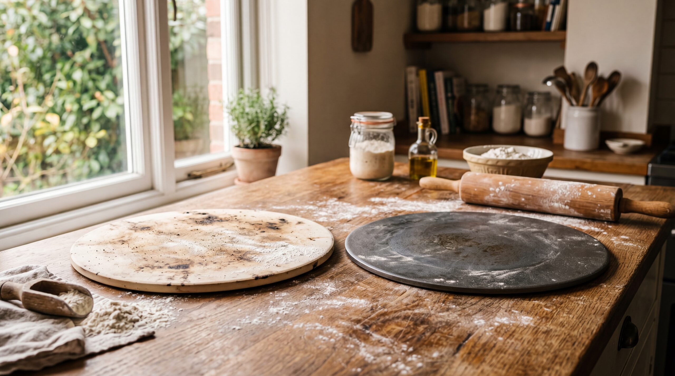 Pizza stone and pizza steel on a kitchen counter
