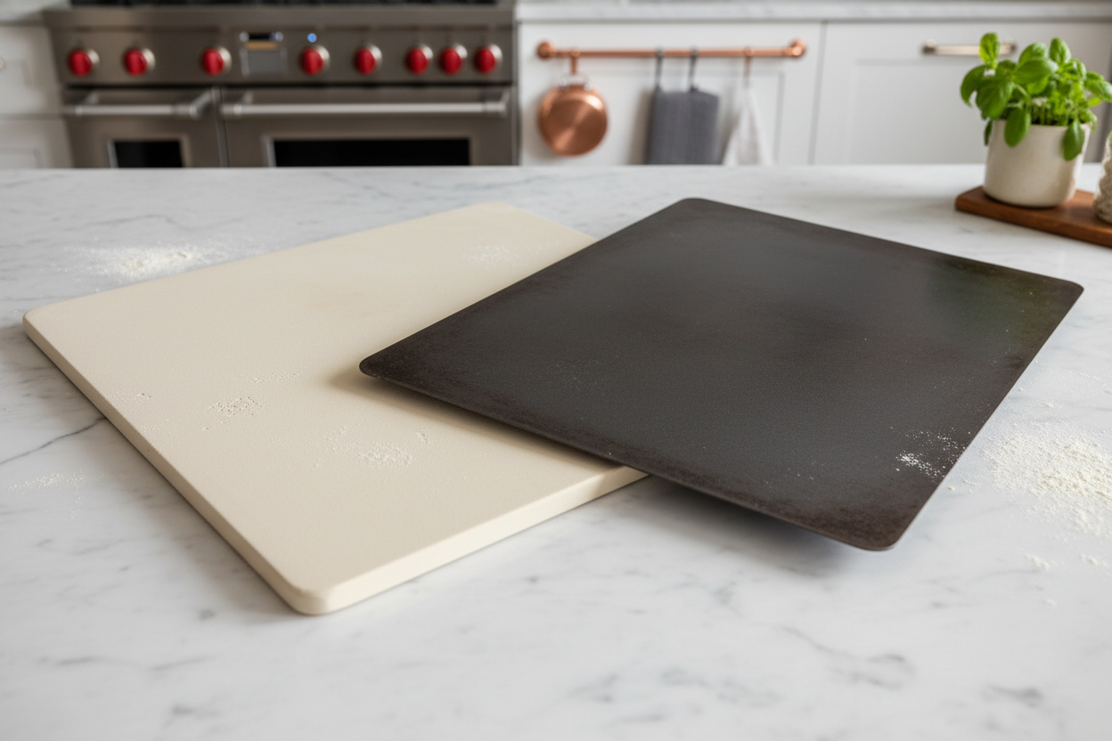 Comparison of a ceramic pizza stone and a pizza steel.