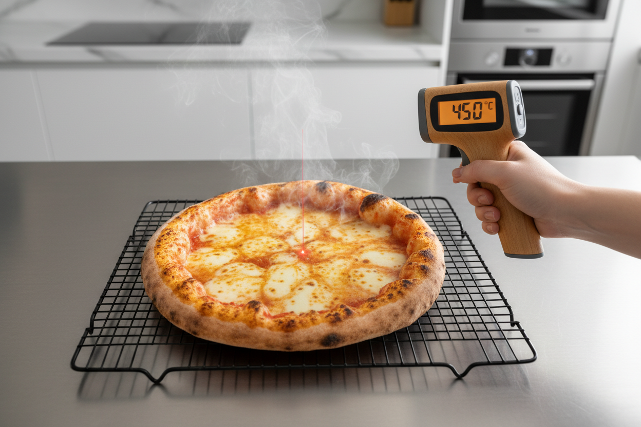 Checking pizza temperature with a digital infrared thermometer