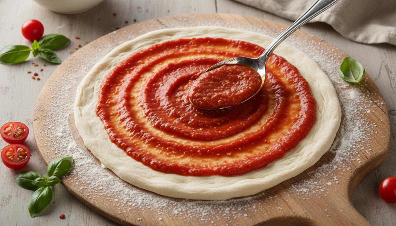 San Marzano tomato sauce being spread in circles on pizza dough with a spoon