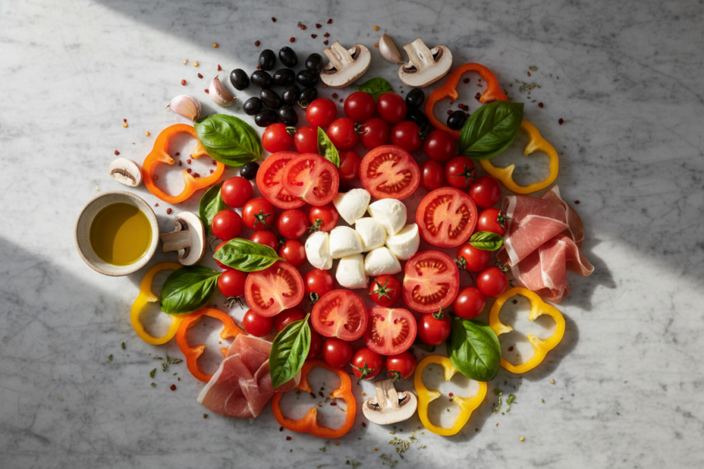 Fresh pizza ingredients including tomatoes, mozzarella, basil, and vegetables arranged on marble