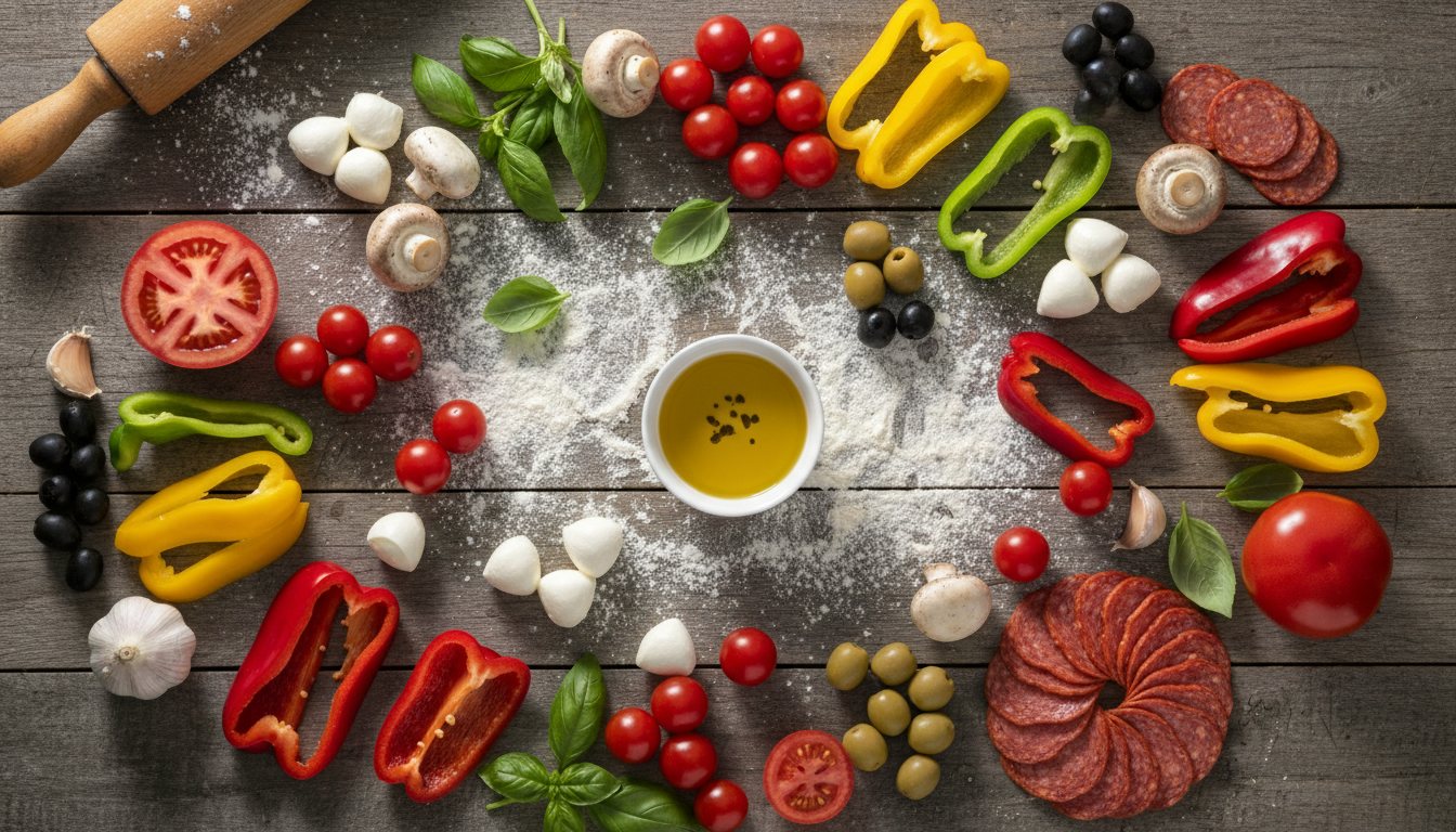 Fresh pizza ingredients and toppings spread on a rustic wooden table