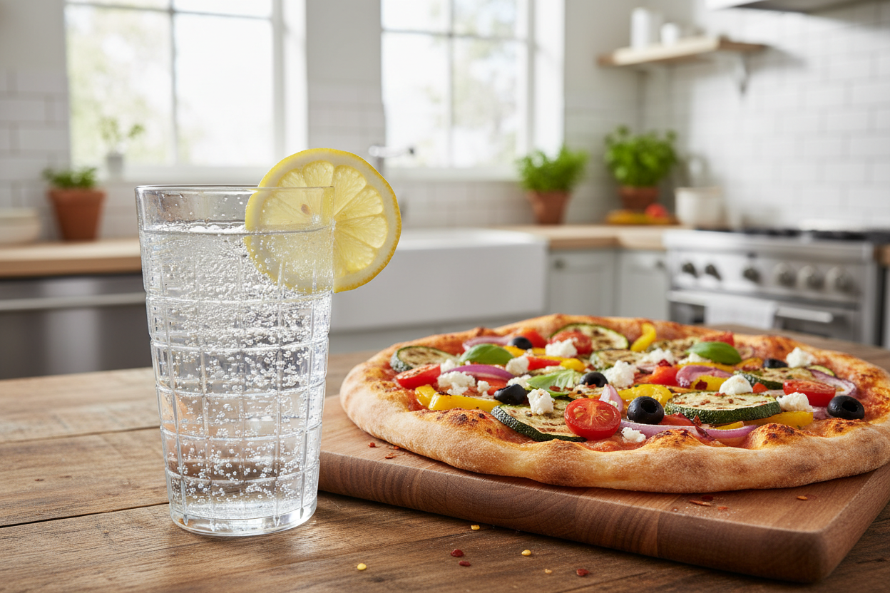 Veggie pizza and sparkling water