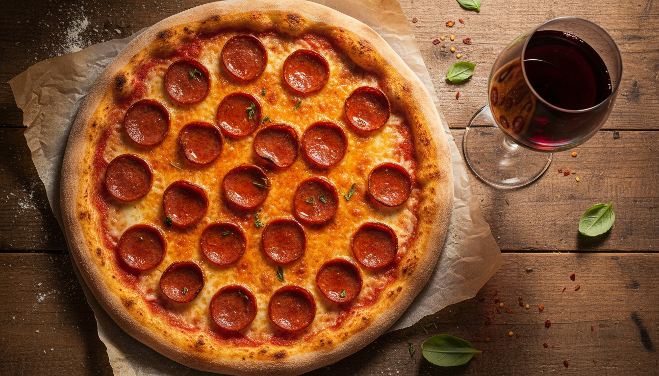 A rustic pepperoni pizza paired with a glass of red wine