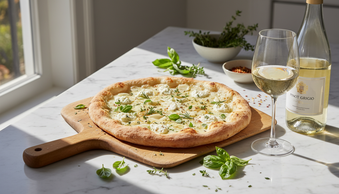 A white pizza with herbs paired with a glass of white wine