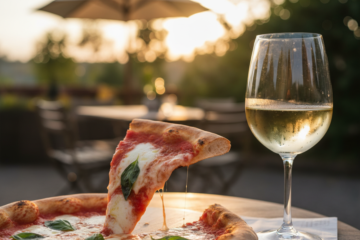 Margherita pizza paired with white wine