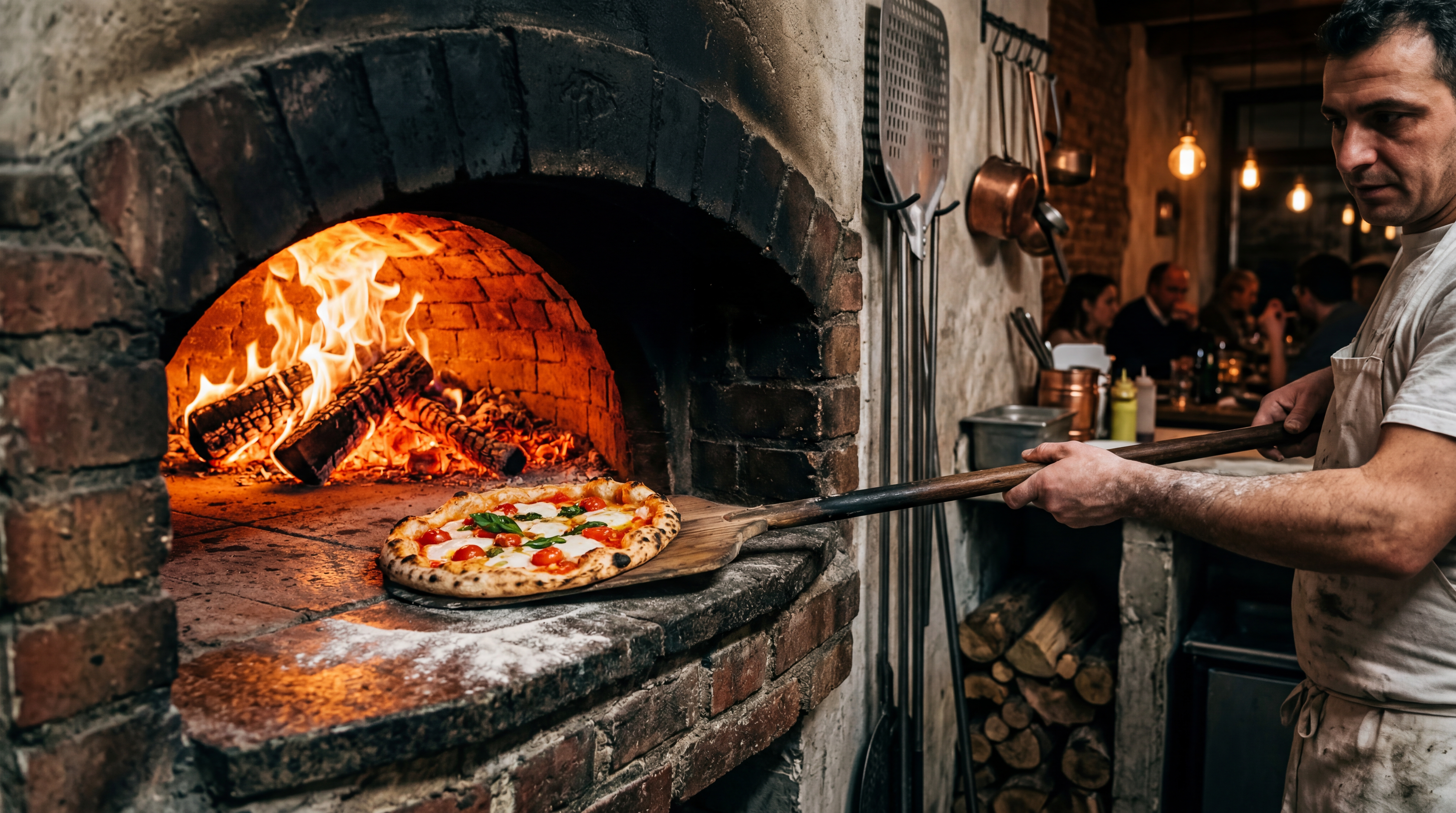 Wood-fired pizza oven glowing with flames and a pizza being placed inside