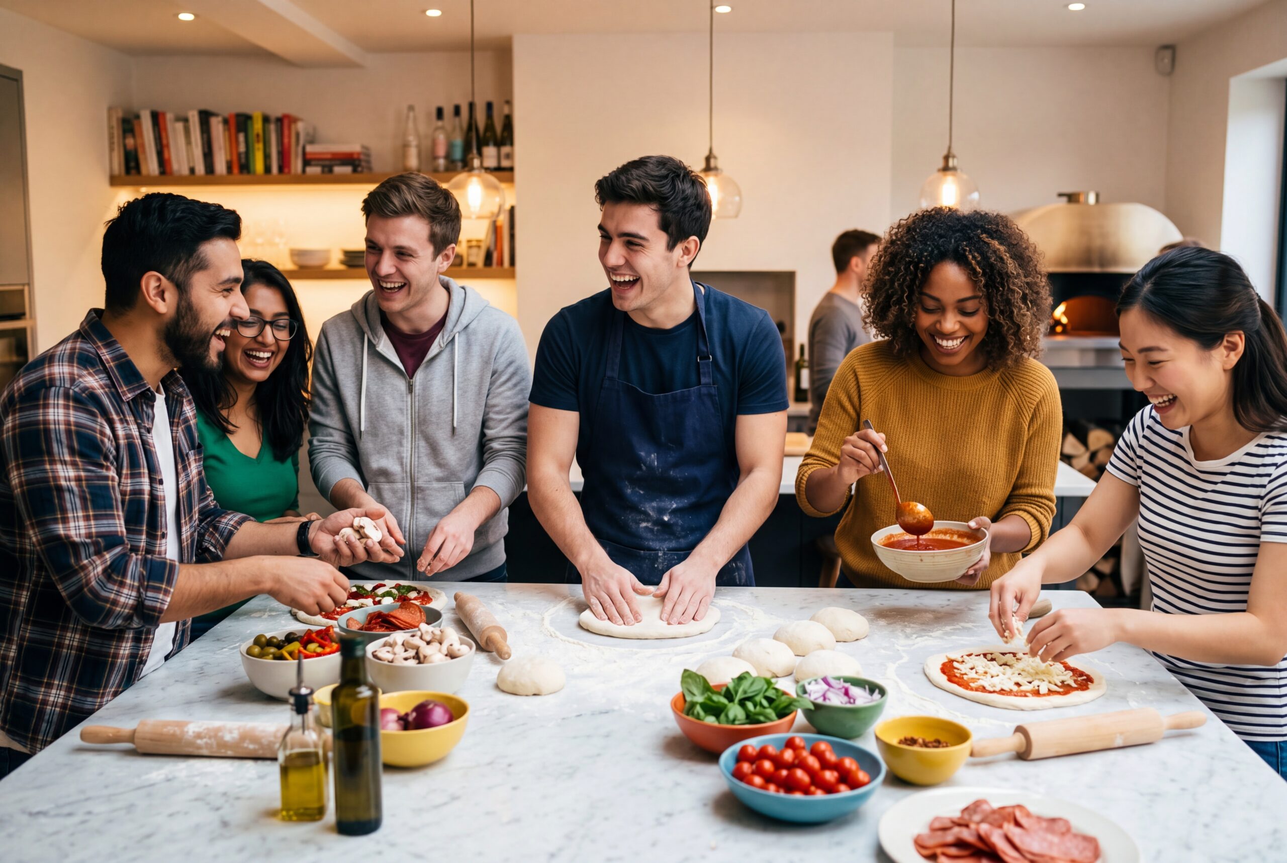 Friends laughing and assembling pizzas together