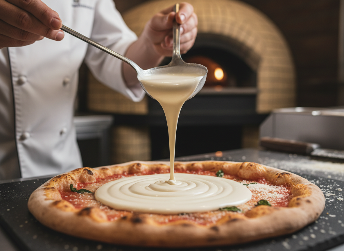 Chef drizzling cream sauce