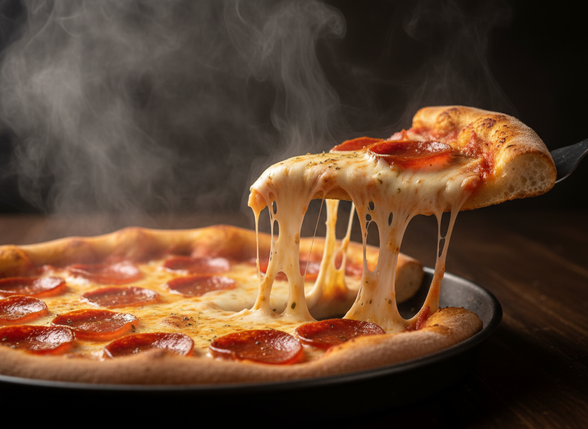 Steaming hot pizza slice