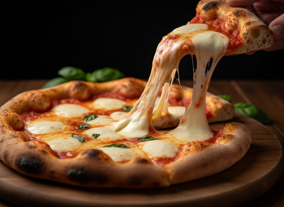 Hand pulling a pizza slice with a dramatic long golden mozzarella cheese stretch