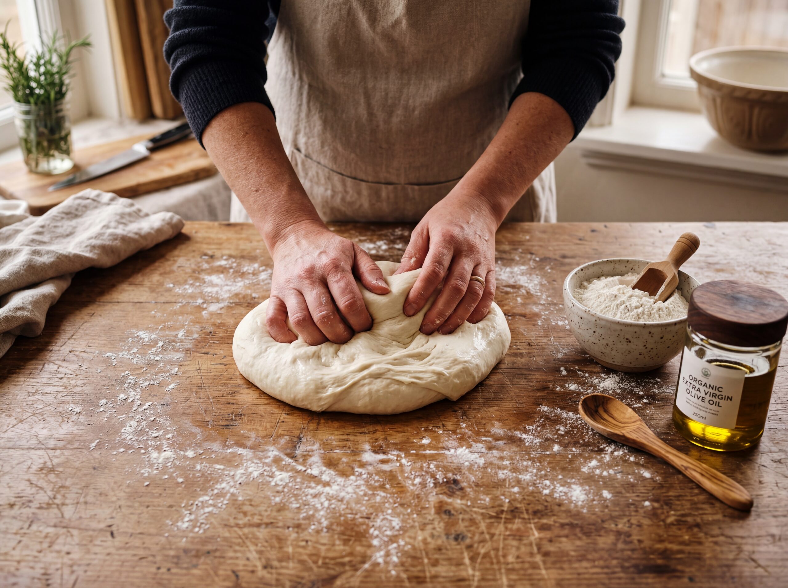 Hands kneading perfect pizza dough on a floured surface