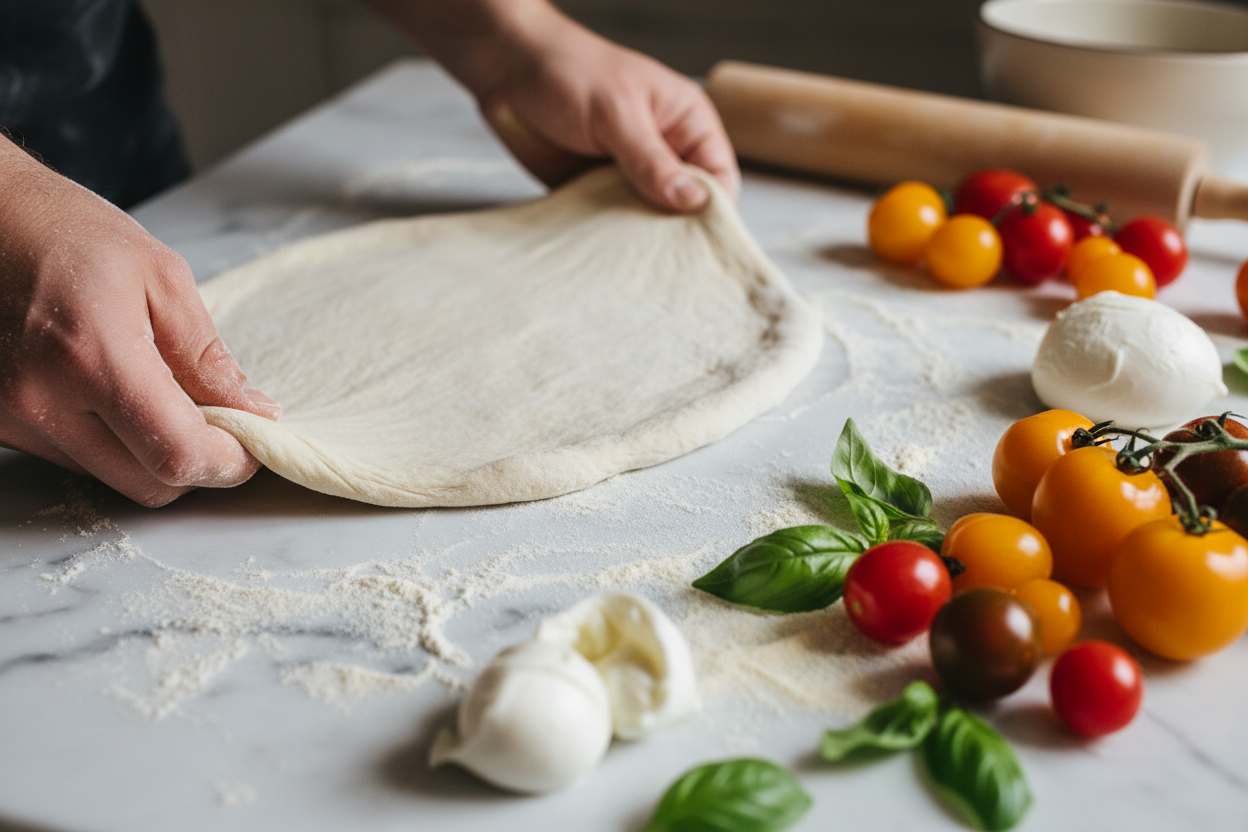 Fresh pizza dough being stretched by hand