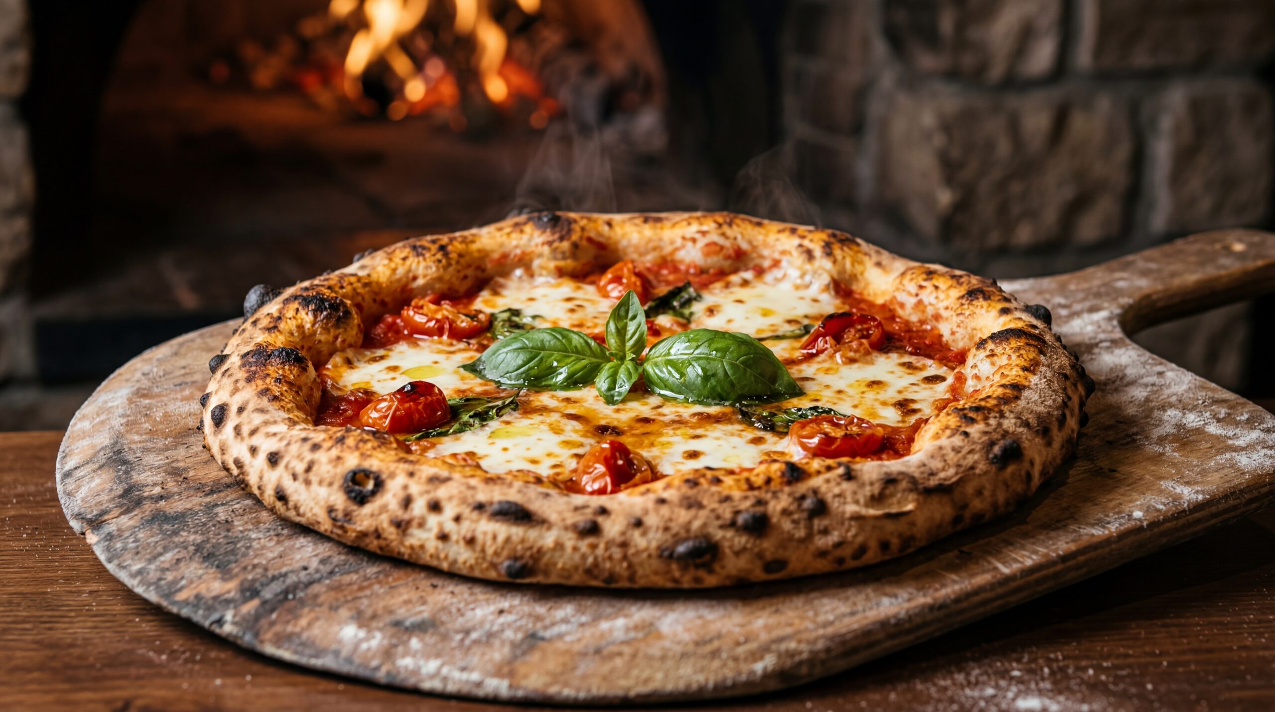 Perfectly baked Neapolitan pizza fresh from a wood-fired oven on a wooden peel
