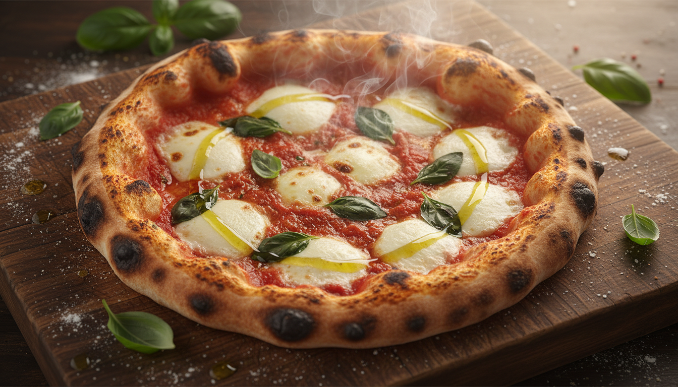 Freshly baked Neapolitan artisan pizza with charred crust, mozzarella and basil on a rustic wooden board