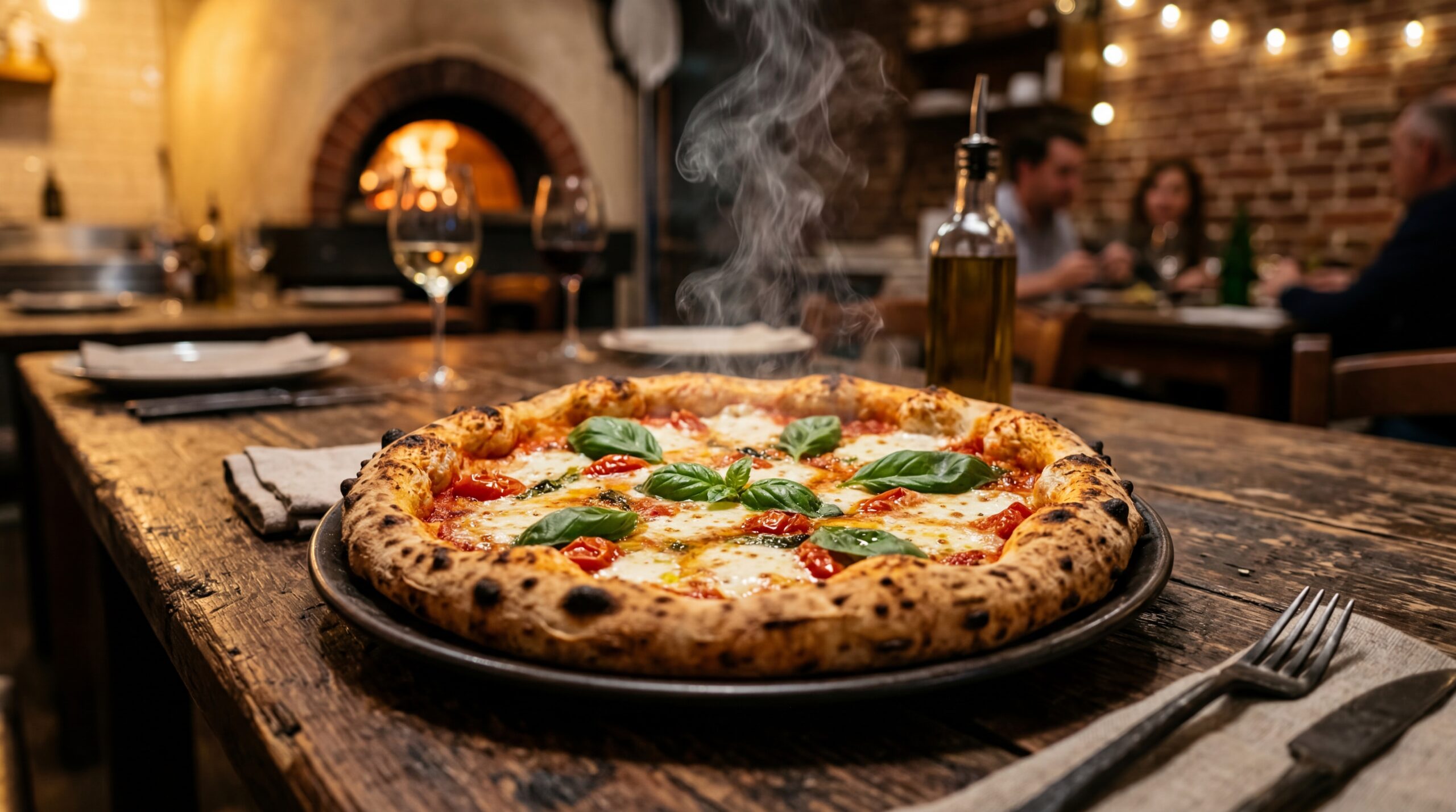 A pizza being cooked in a traditional wood-fired oven