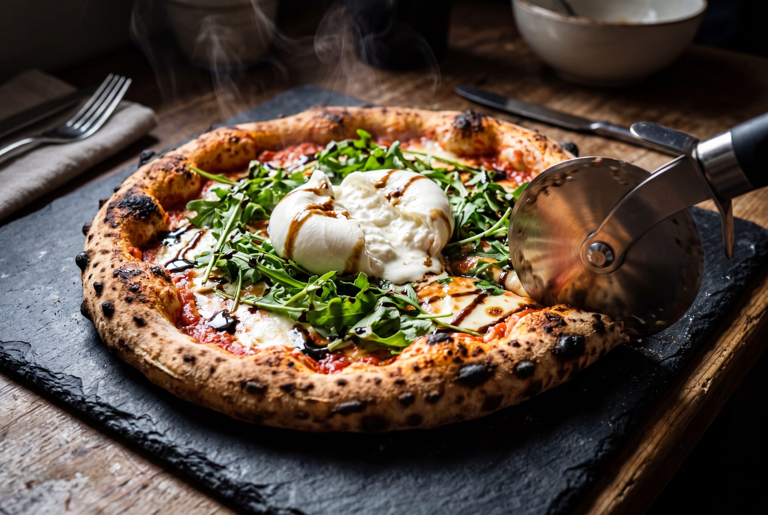 A perfectly baked artisanal pizza being sliced