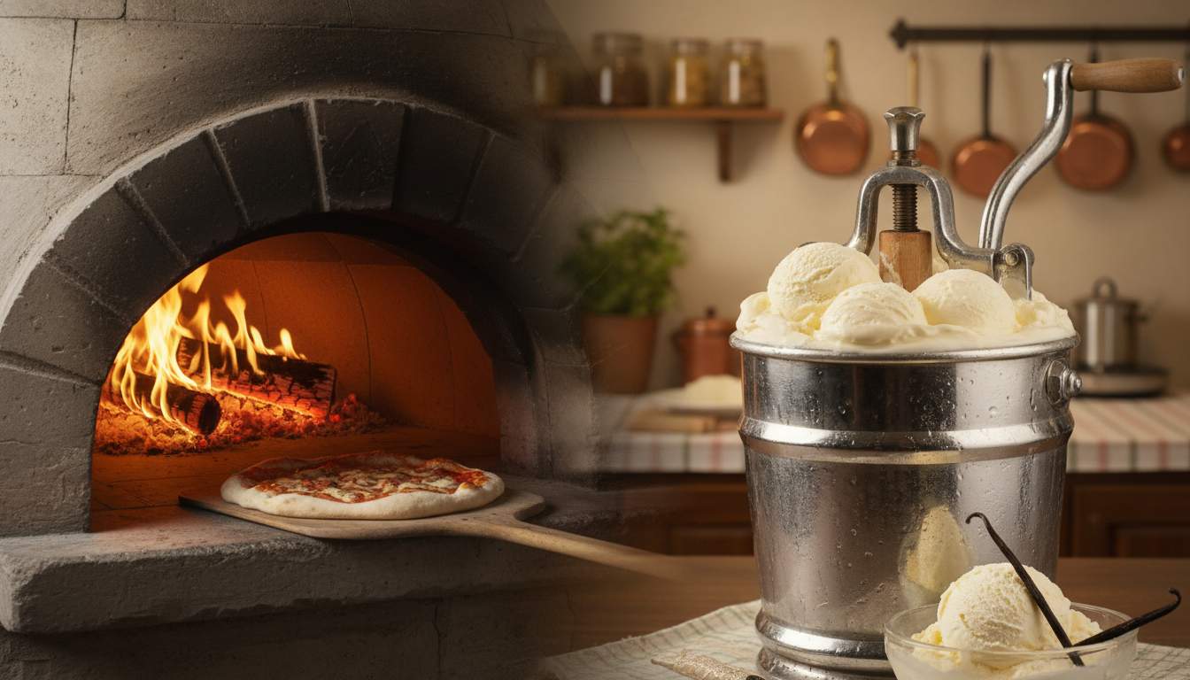 A vintage pizza oven and an ice cream churner