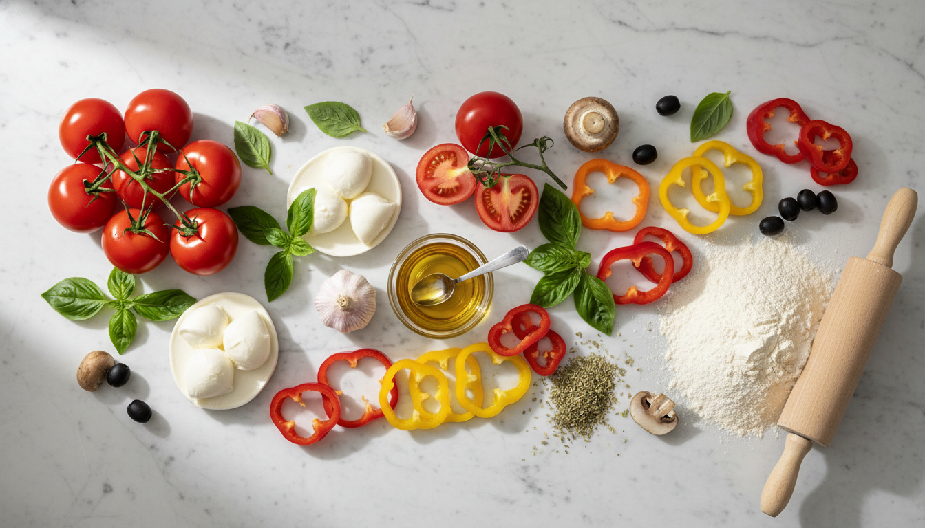 Fresh pizza ingredients arranged on marble: tomatoes, mozzarella, basil, garlic, peppers, mushrooms, olive oil and flour