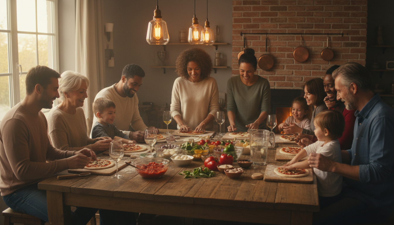 People assembling mini pizzas together.