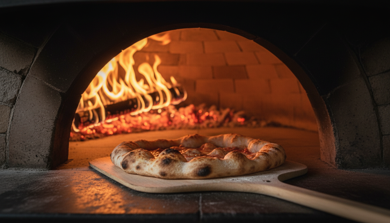 Pizza baking in a traditional wood-fired stone oven with flames and glowing embers in the background