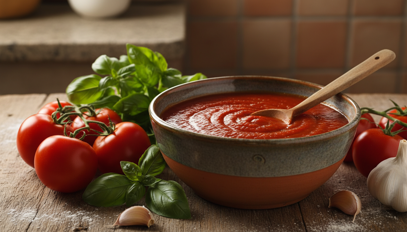 Rustic red pizza sauce with fresh tomatoes and basil