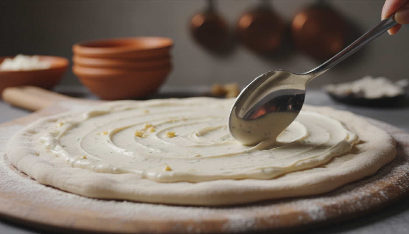 Creamy white garlic sauce being spread on pizza dough