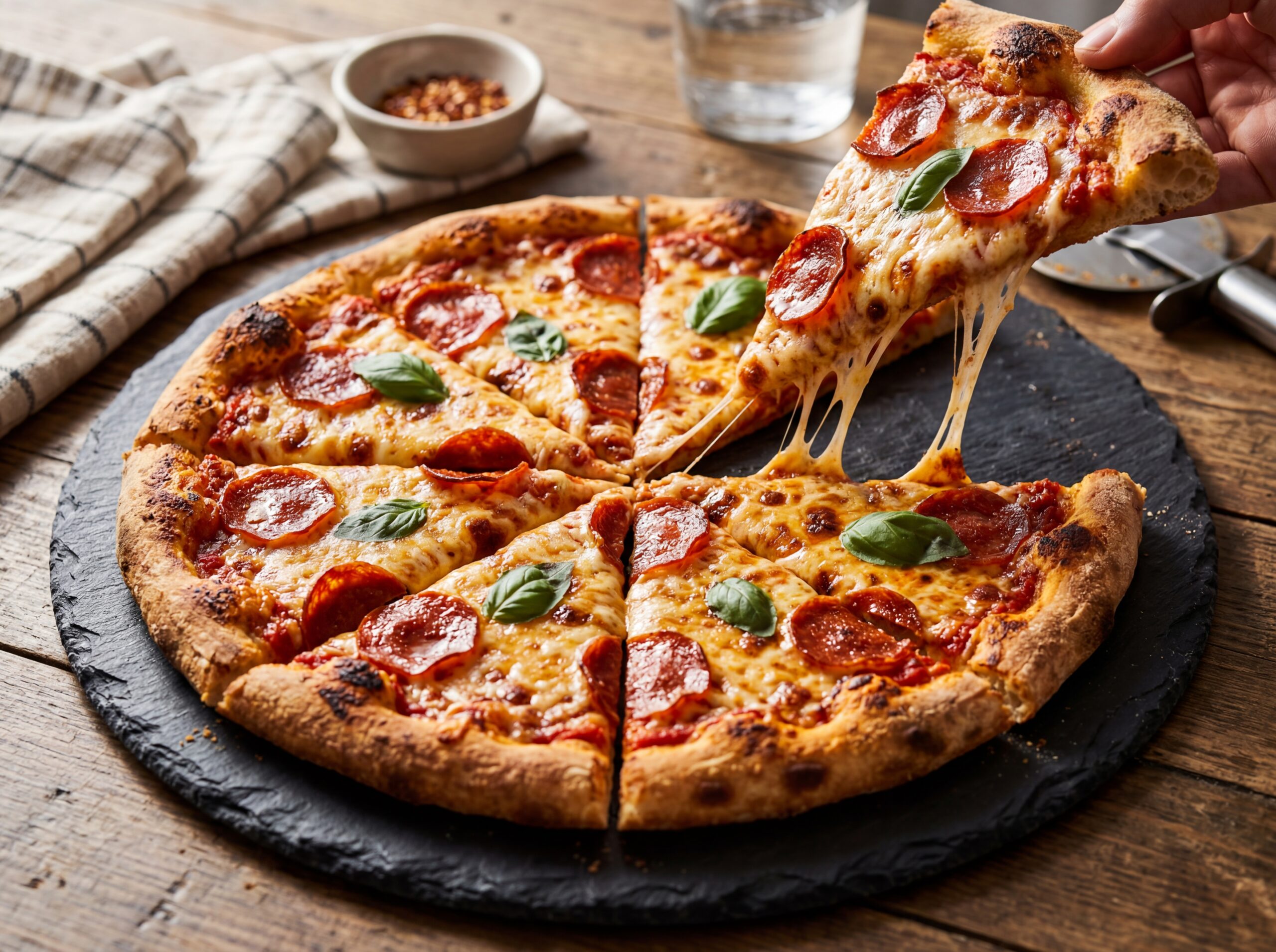 Perfectly baked homemade pizza sliced and ready to serve