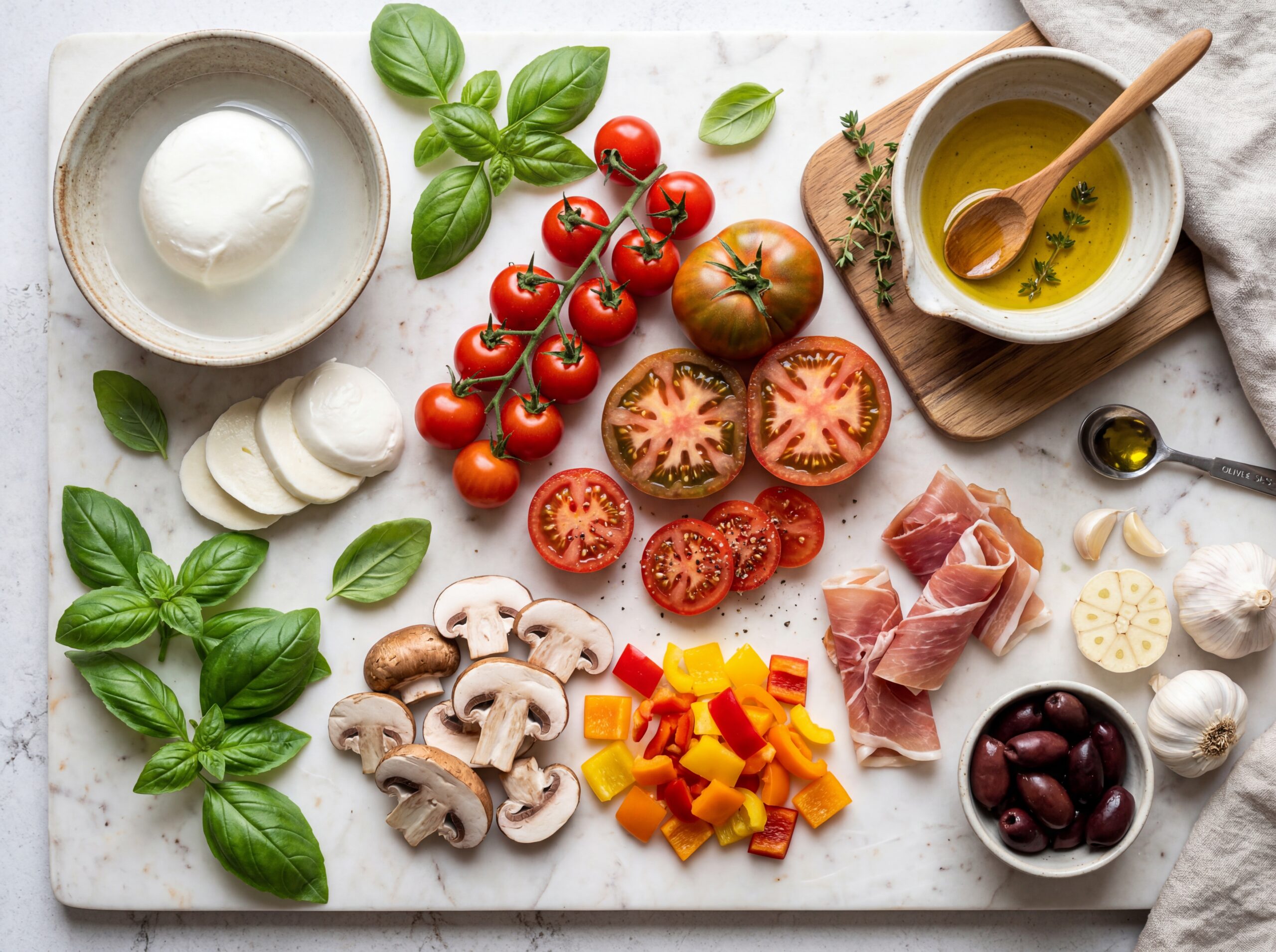 Fresh pizza toppings and ingredients arranged on a marble surface
