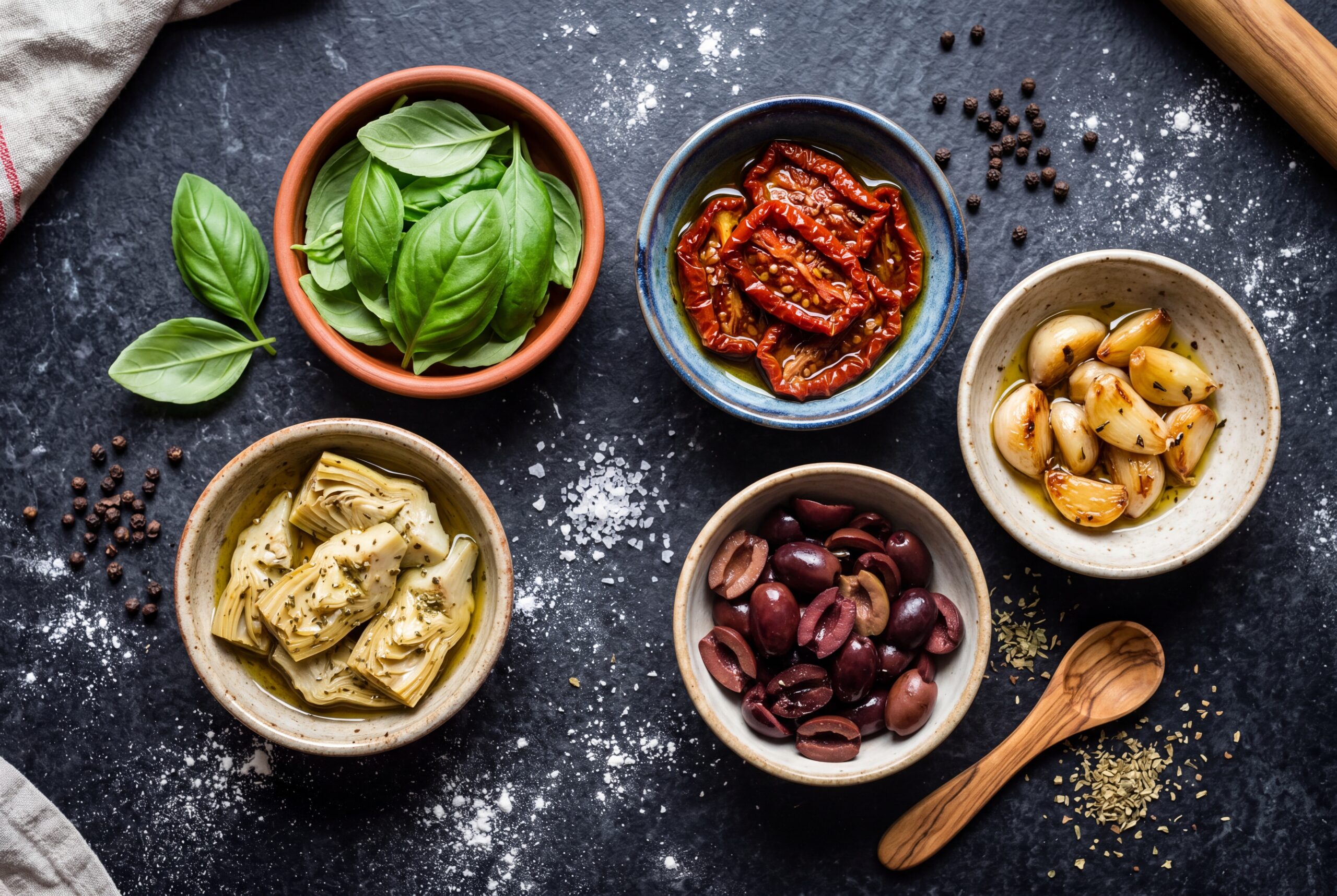 A variety of colorful gourmet pizza toppings in ceramic bowls