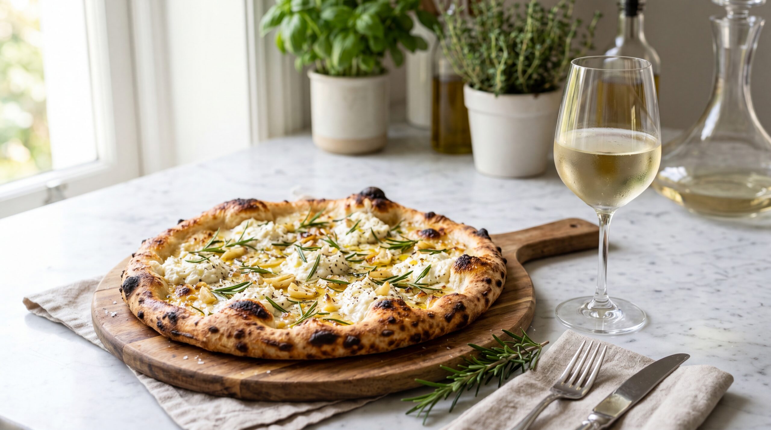 White pizza with garlic and herbs paired with a glass of white wine