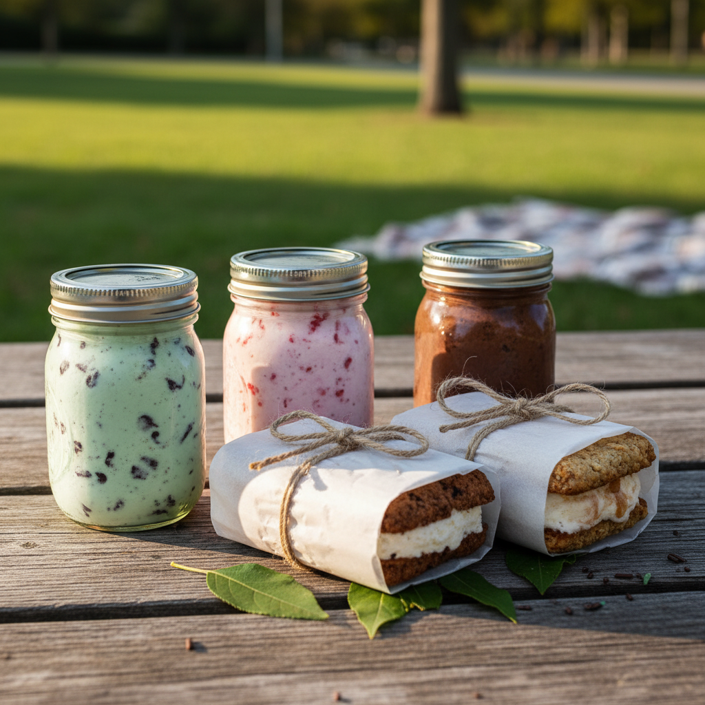 Portable ice cream jars and sandwiches for a picnic