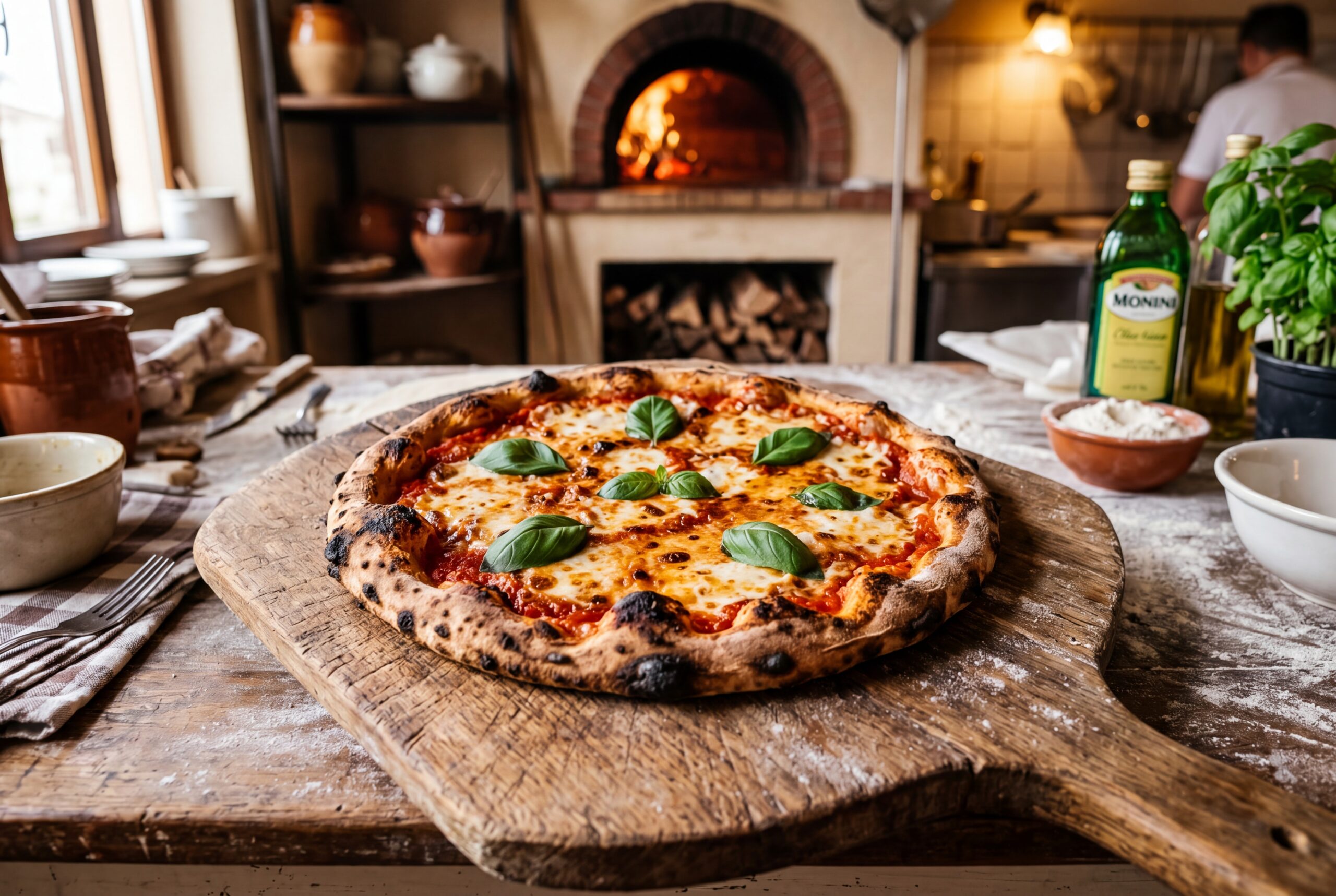 A Roman-style thin-crust pizza on a wooden board