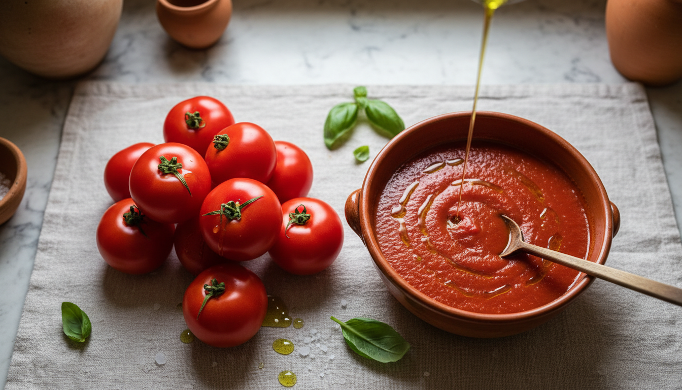 Fresh San Marzano tomatoes with a bowl of vibrant pizza sauce and basil