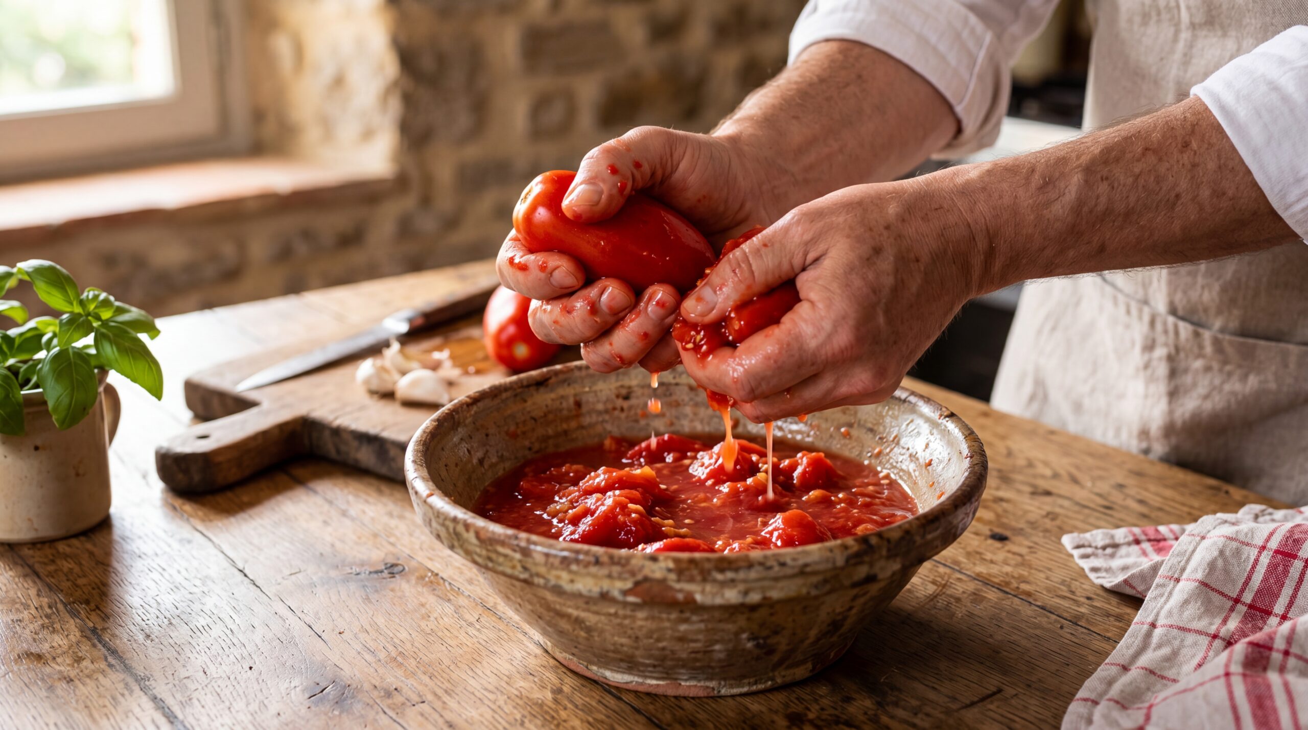 Vibrant San Marzano tomatoes being crushed for sauce