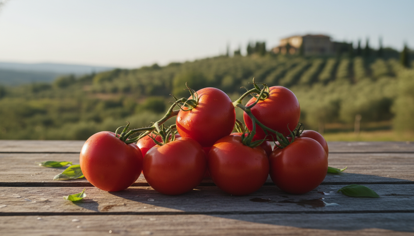 Sun-ripened San Marzano tomatoes on a rustic table in an Italian garden