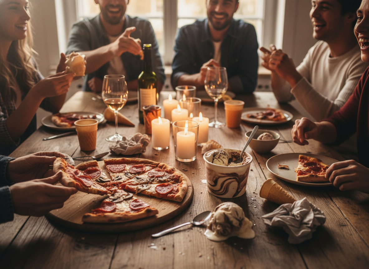 Friends sharing pizza and ice cream