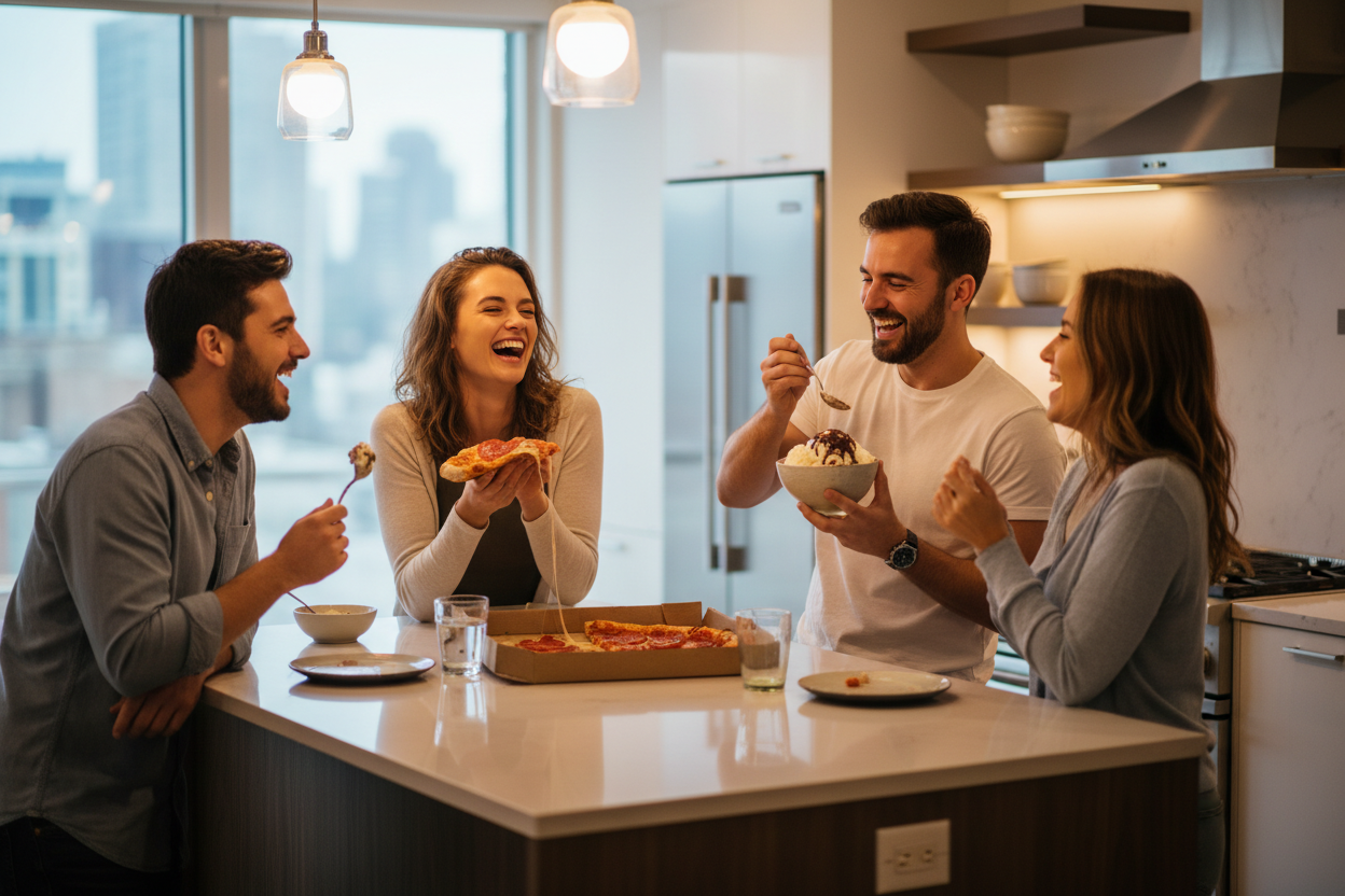 Friends laughing and sharing pizza and ice cream