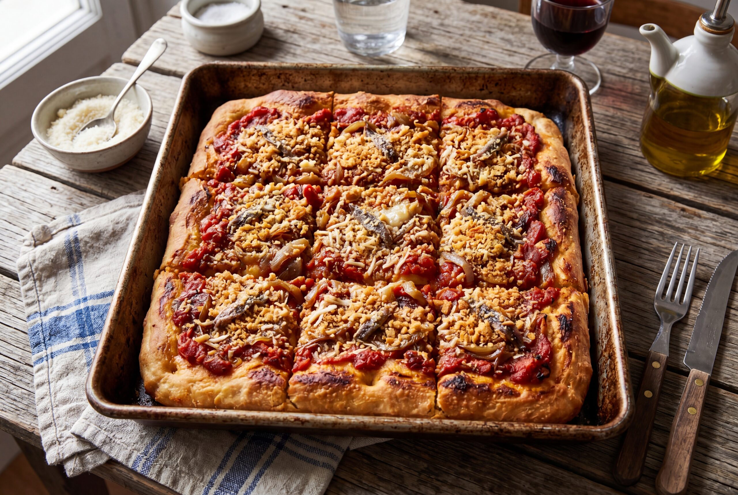 A Sicilian-style thick square pizza in a metal tray