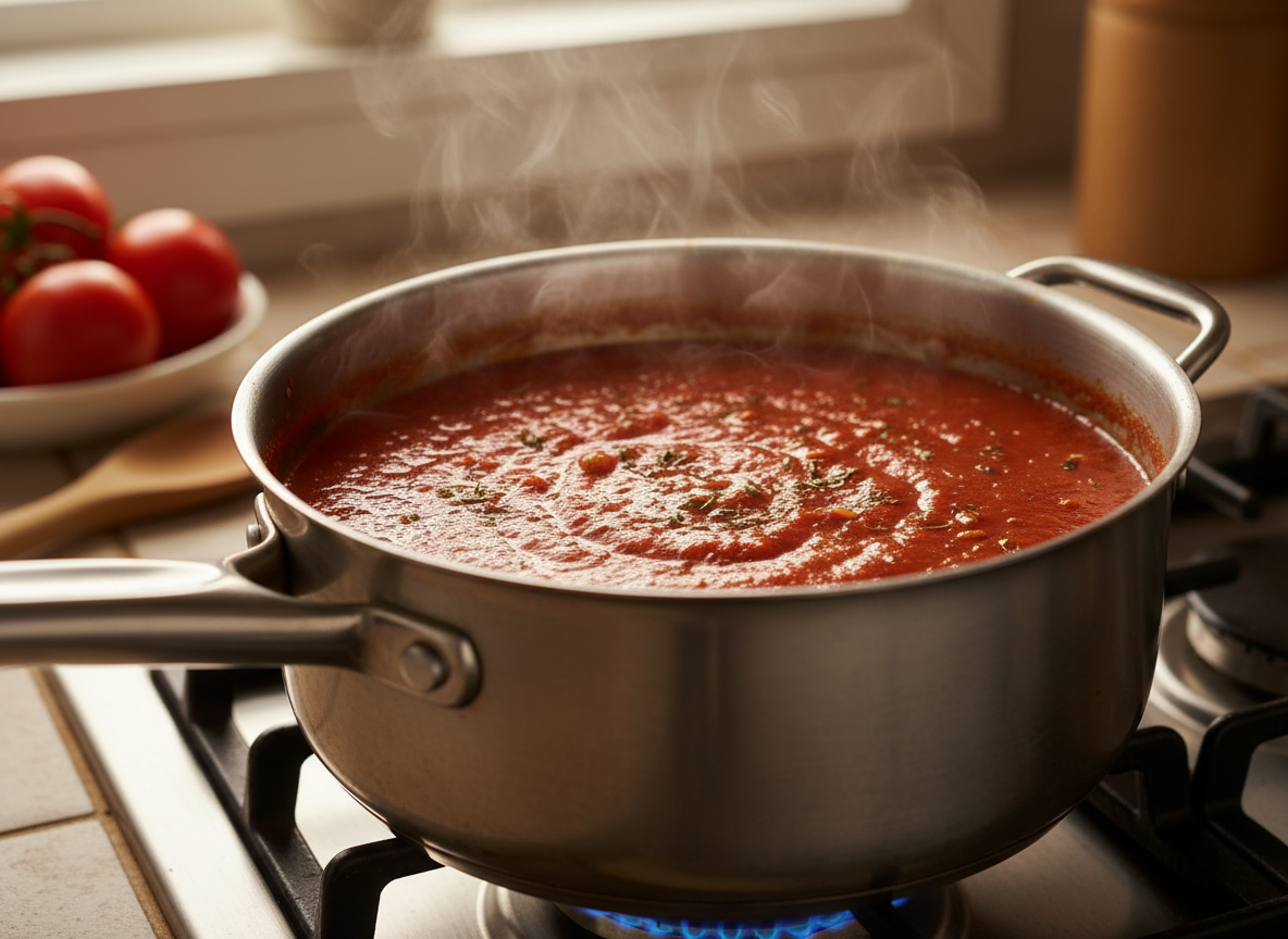 Thick tomato sauce simmering in a pot.