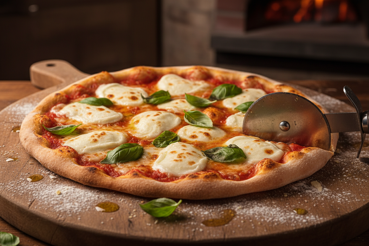 Slicing a fresh gourmet pizza on a wooden board.