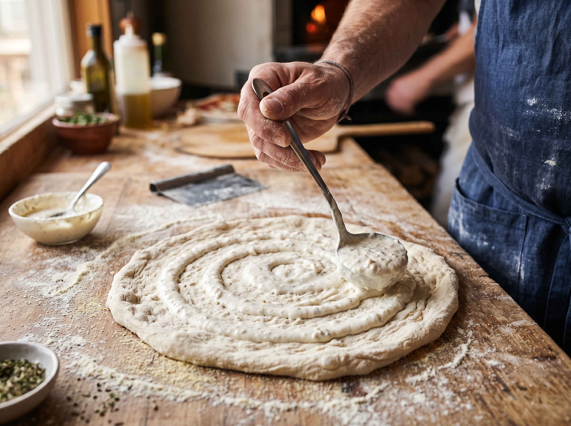 Spreading white sauce on pizza dough