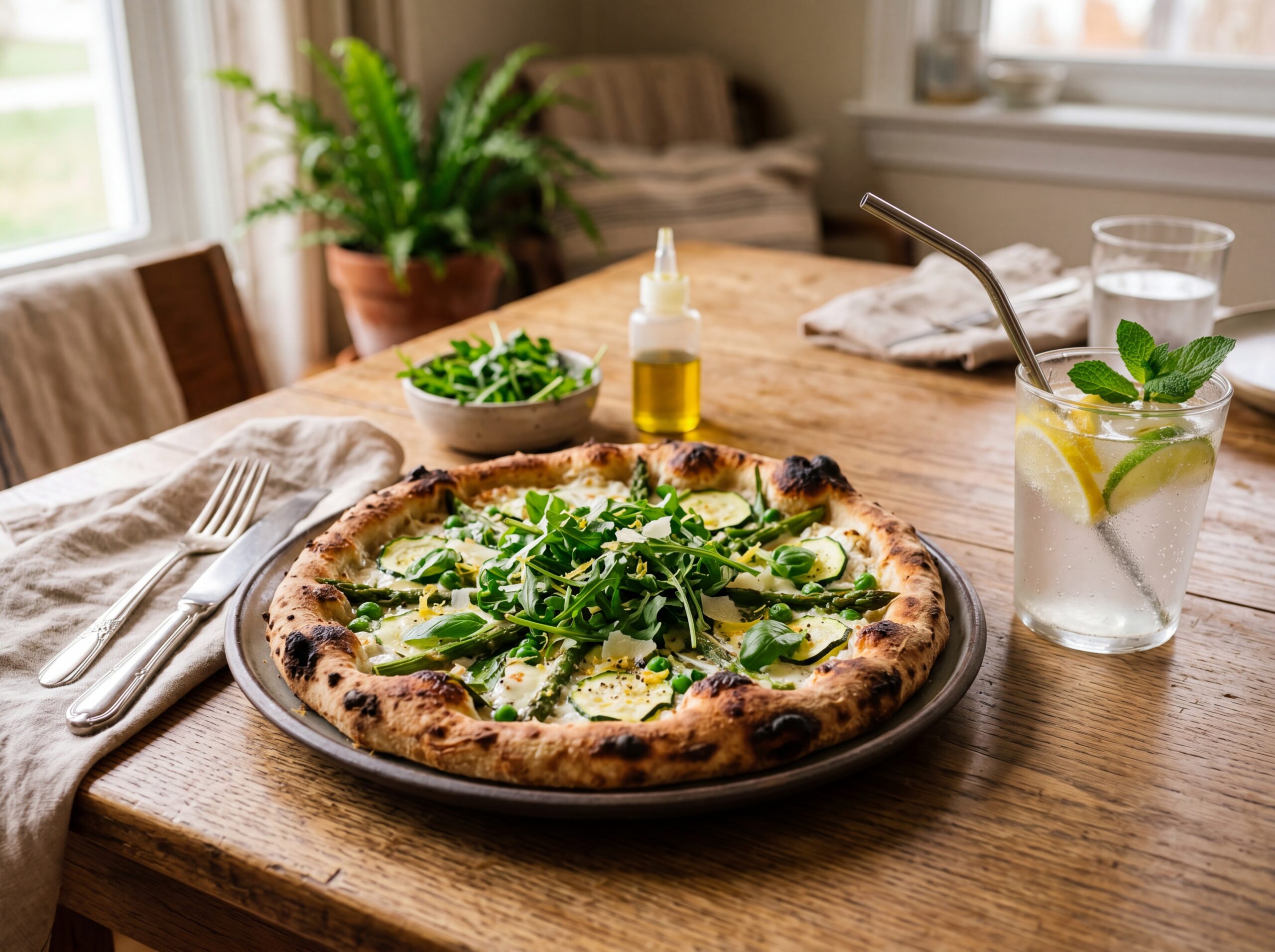 Spring pizza served with a refreshing drink