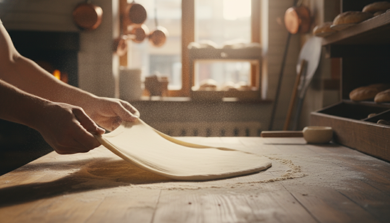 Baker's hands stretching fresh pizza dough on a floured wooden surface