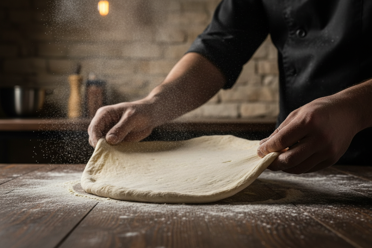 Stretching pizza dough hands