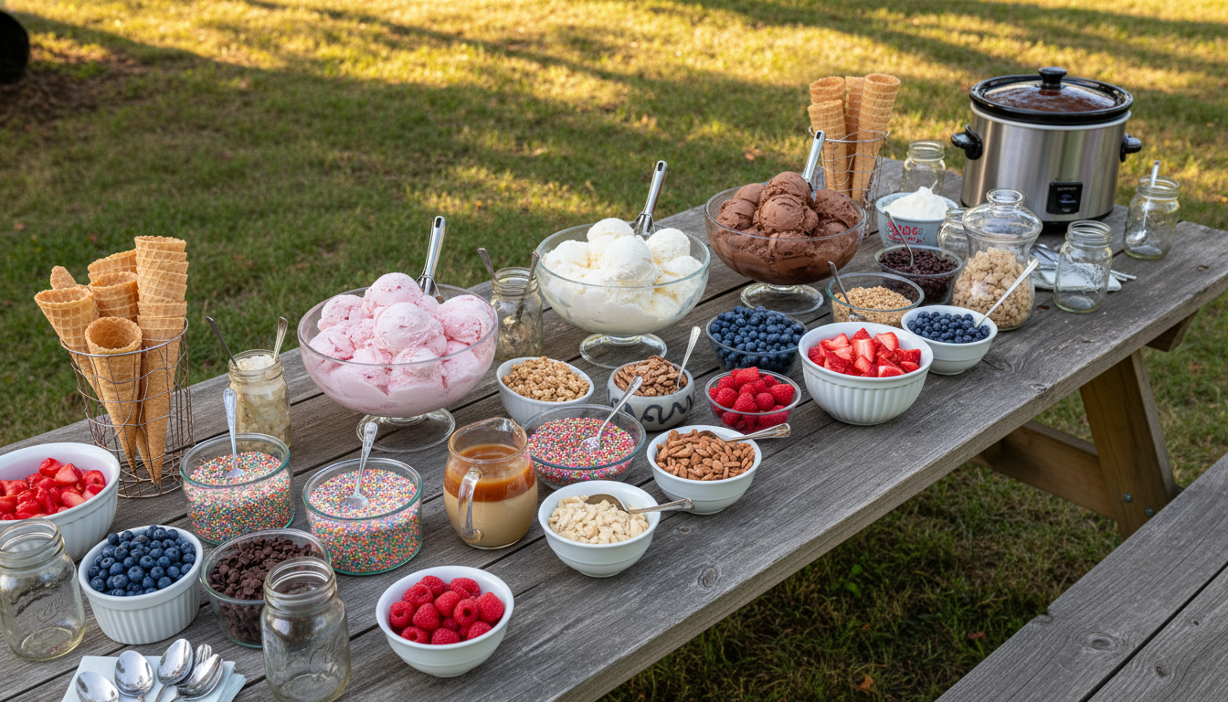 A vibrant DIY ice cream bar with various toppings, sauces, and colorful scoops of ice cream.