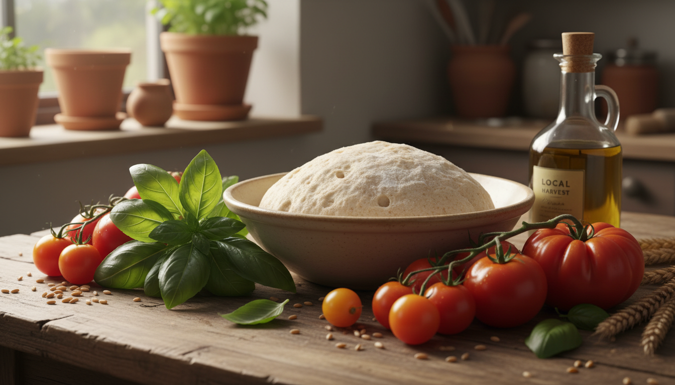 A variety of organic, locally sourced pizza toppings including fresh basil, heirloom tomatoes, and artisanal flour.