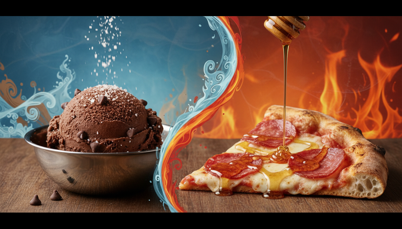 Split composition showing salt on ice cream and honey on pizza