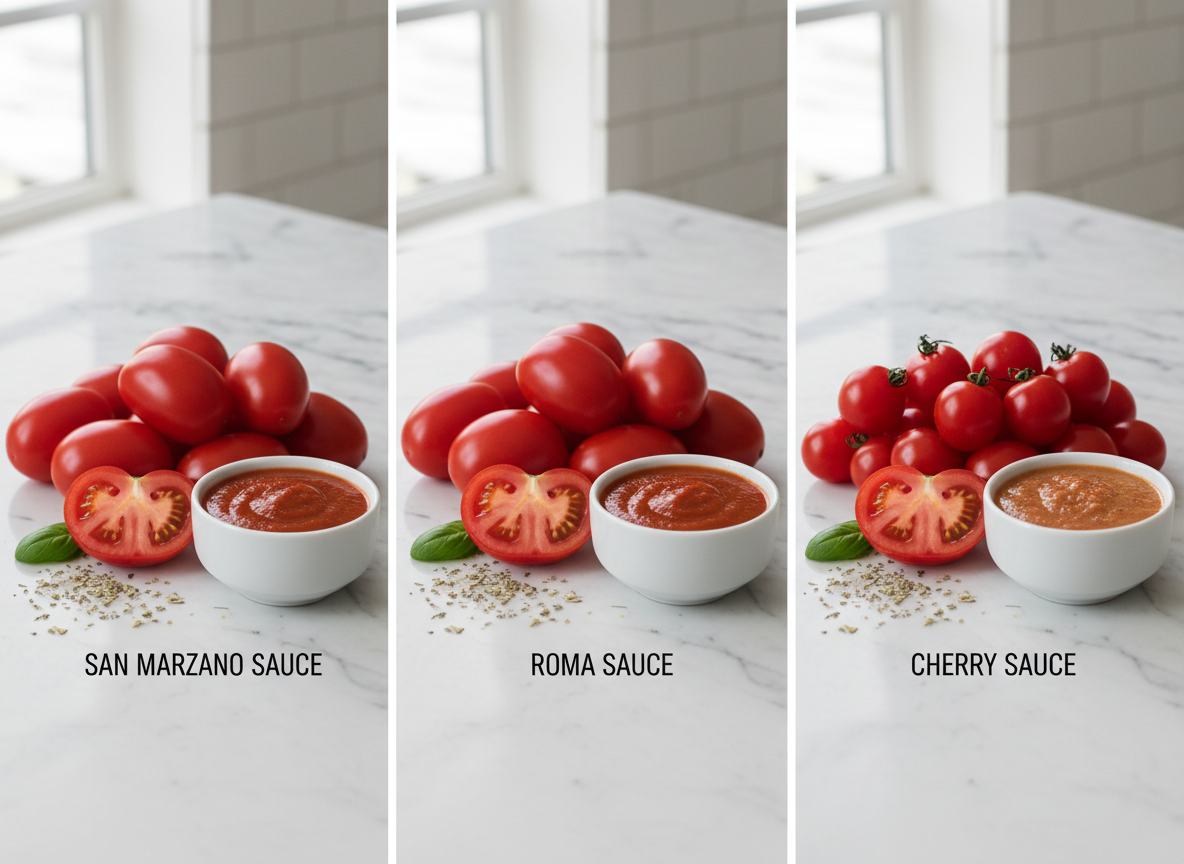 Different tomato varieties: San Marzano, Roma, and Cherry tomatoes.